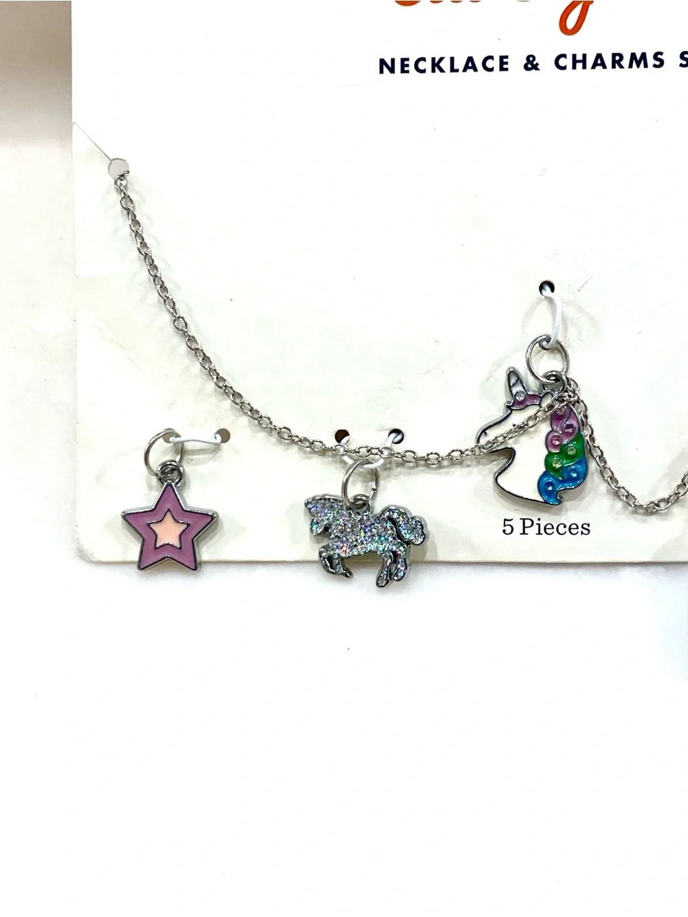 Cat & Jack Silver Charm Necklace with Pink Star, Blue Tassel & Rainbow